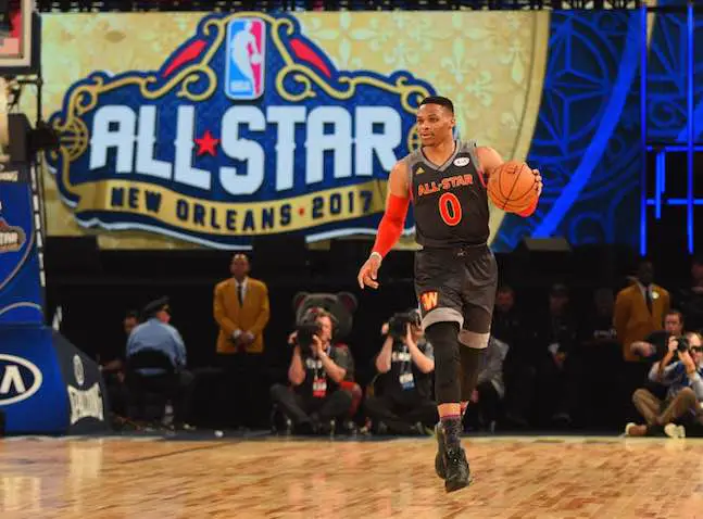 Feb 19, 2017; New Orleans, LA, USA; Western Conference guard Russell Westbrook of the Oklahoma City Thunder (0) brings the ball up court in the 2017 NBA All-Star Game at Smoothie King Center