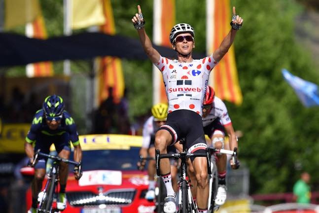 FOIX, FRANCE - JULY 14 : BARGUIL Warren (FRA) Rider of Team Sunweb starts the sprint in front of QUINTANA ROJAS Nairo Alexander (COL) Rider of Movistar Team during stage 13 of the 104th edition of the 2017 Tour de France cycling race, a stage of 101 kms between Saint-Girons and Foix on July 14, 2017 in Foix, France, 14/07/2017