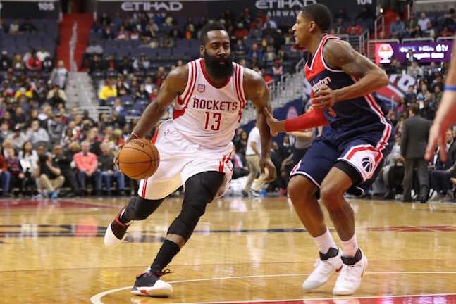 Houston Rockets guard James Harden (13) dribbles the ball as Washington Wizards guard Bradley Beal (3) defends in the second quarter at Verizon Center. The Rockets won 114-106.