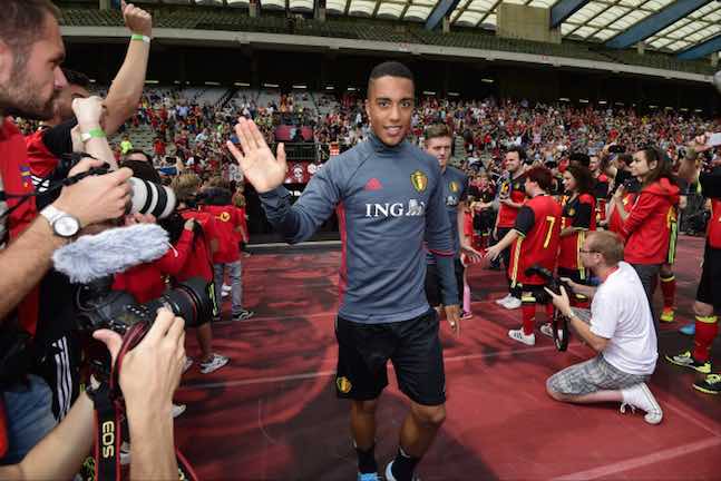 Youri Tielemans midfielder of Belgium and Thomas Foket defender of Belgium shaking hands with some children before a training session during the family day of the Belgian National Football Team prior to the friendly match against the Czech Republic as part of a preparation for the World Cup 2018 qualification match against Estonia at the King Baudouin stadium on June 03, 2017 in Brussels, Belgium, 3/06/2017