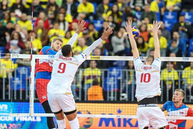 CURITIBA, BRAZIL JULY 6:  Ngapeth and Le Roux of the France team during a match between Serbia and France as part of the FIVB Volleyball World League 2017 at the Arena da Baixada Stadium on July 6, 2017 in Curitiba, Brazil.