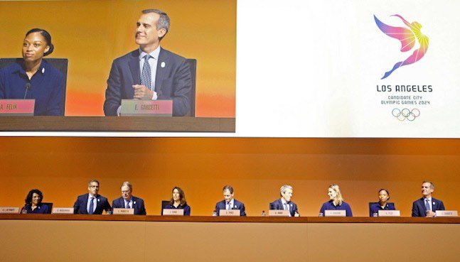2024 candidate city delegation of Los Angeles led by Mayor of Los Angeles Eric Garcetti attends the briefing of 2024 Olympic Games candidate cities Paris and Los Angeles ahead of final election of 2024 Olympic host city, in Lausanne, Switzerland July 11, 2017