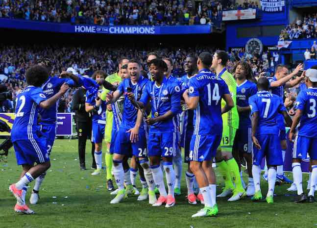 Chelsea players celebrate winning the Premier League trophy  during the Premier League match between Chelsea and Sunderland at Stamford Bridge on May 21st 2017 in London, England.