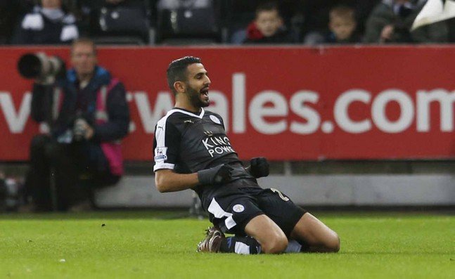 Riyad Mahrez celebrates scoring the second goal for Leicester City