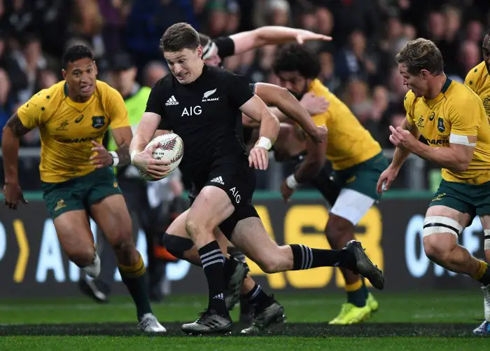 Beauden Barrett on the attack. 
Bledisloe Cup and Rugby Championship test match. New Zealand All Blacks v Australian Wallabies at Forsyth Barr Stadium, Dunedin, New Zealand. Saturday 26 August 2017.