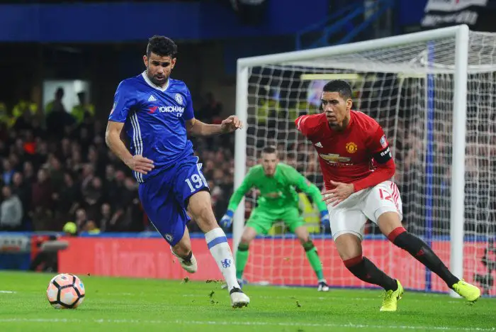 Chris Smalling of Manchester United and Diego Costa of Chelsea in action during the FA Cup Quarter Final match between Chelsea and Manchester United at Stamford Bridge on March 13th 2017 in London, England.