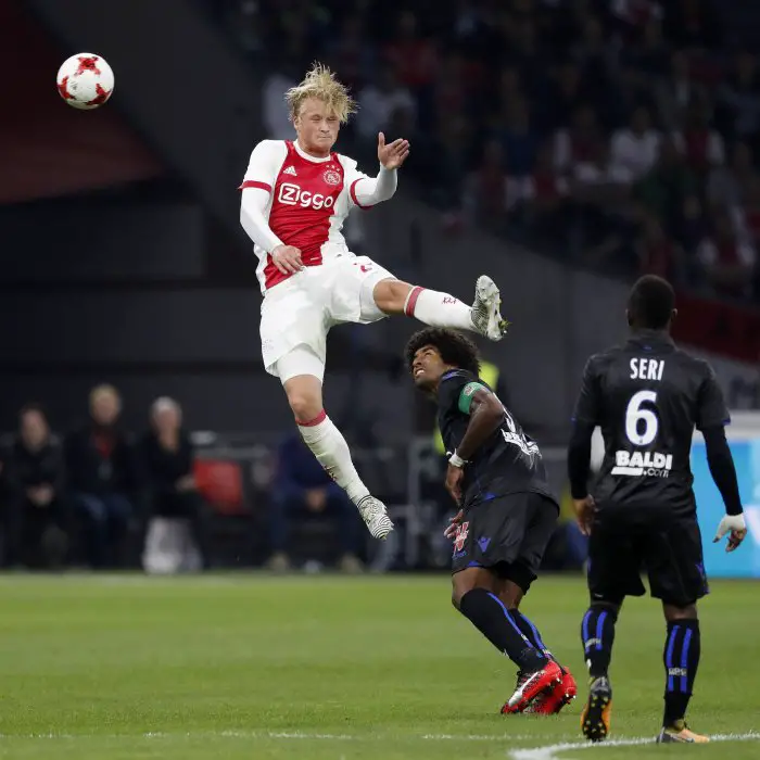 AMSTERDAM, Stadion de Arena , 02-08-2017 , Voorronde Champions League seizoen 2017 / 2018 . Ajax - Nice. Kasper Dolberg springt hoger dan Dante