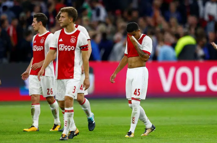 Soccer Football - Europa League - Playoffs ­ Ajax Amsterdam v Rosenborg BK - Amsterdam, Netherlands - August 17, 2017   Ajax's Justin Kluivert and Joel Veltman look dejected at the end of the match