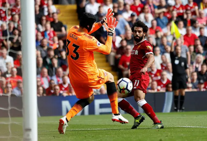 Football Soccer - Premier League - Liverpool vs Arsenal - Liverpool, Britain - August 27, 2017   Liverpool's Mohamed Salah scores a goal which is later disallowed