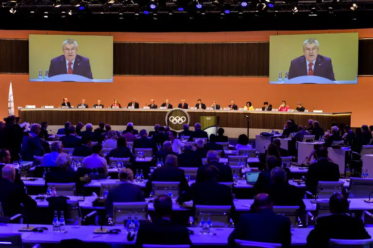 International Olympic Committee (IOC) President Thomas Bach delivers a speech during the opening of the 131st International Olympic Committee (IOC) Session in Lima on September 13, 2017.

The ICO meeting in Lima will confirm Paris and Los Angeles as hosts for the 2024 and 2028 Olympics, crowning two cities at the same time in a historic first for the embattled sports body. / AFP PHOTO / Fabrice COFFRINI
