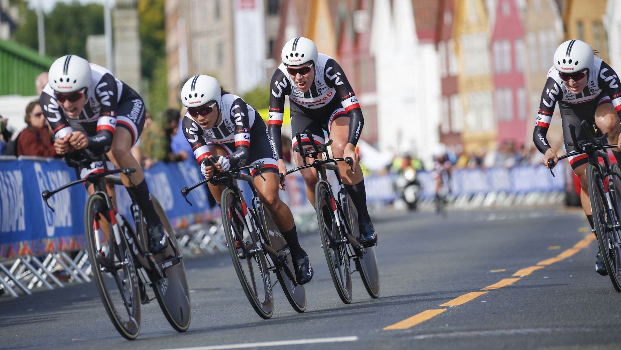 Bergen - Norway - wielrennen - cycling - cyclisme - radsport - Lucinda Brand (Netherlands / Sunweb) - Coryn Rivera (USA / Sunweb) - Ellen Van Dijk (Netherlands / Sunweb) - Leah Kirchmann (Canada / Sunweb) pictured during the Team Time Trial 2017 World Road Championship womens cyclingrace on September 17, 2017 in Bergen, Norway  - photo Dion Kerckhoffs/Cor Vos © 2017
