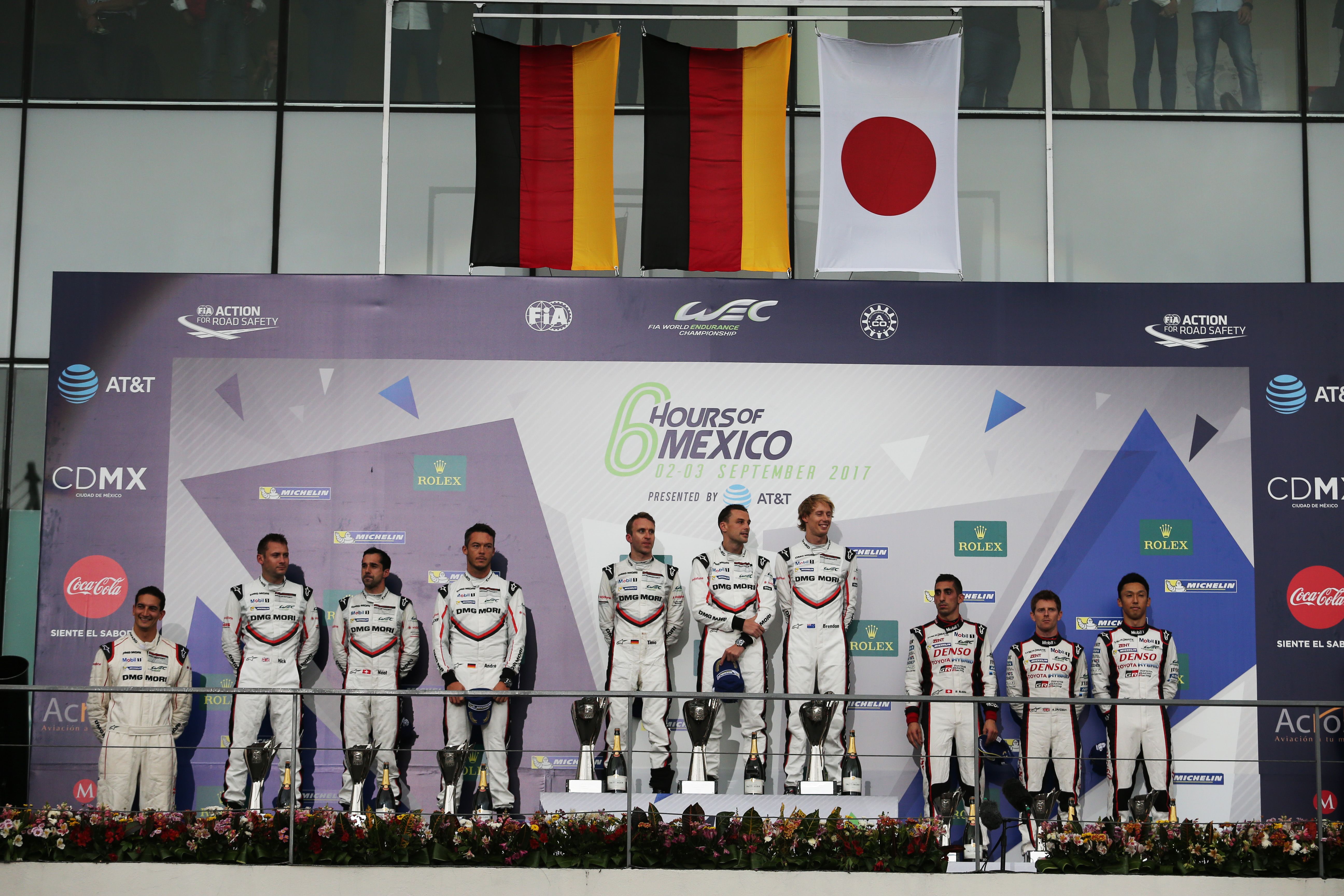 Sebastien Buemi (SUI)  Anthony Davidson (GBR) and Kazuki Nakajima (JPN)  on the podium
TOYOTA GAZOO  Racing. 
World Endurance Championship. 6 Hours of Mexico. 1st-3rd September 2017. Mexico City, Mexico