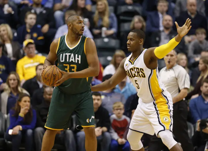 Mar 20, 2017; Indianapolis, IN, USA; Utah Jazz forward Boris Diaw (33) is guarded by Indiana Pacers center Lavoy Allen (5) at Bankers Life Fieldhouse.