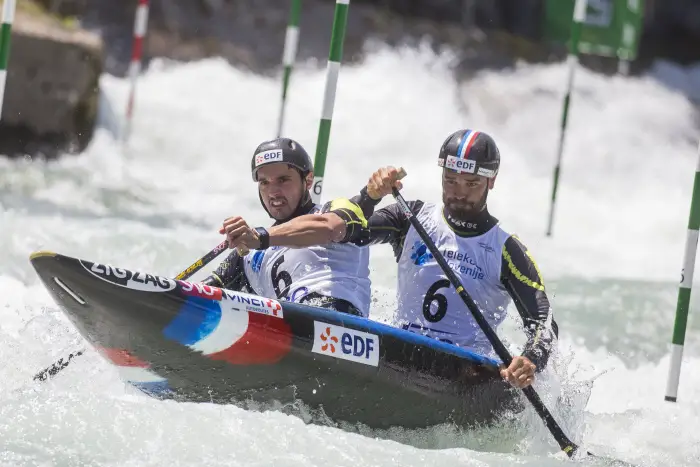 Pierre Picco and Hugo Biso from France competes // during the Canoe Slalom European Championships at the Tacen in Ljubljana, Slovenia on 2017/06/03.