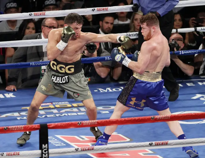September 16, 2017 - Las Vegas, Nevada, United States of America - Boxers Canelo Alvarez and  champion  Gennady Golovkin battle to a 12 round draw in their Super Middleweight championship bout on  September16