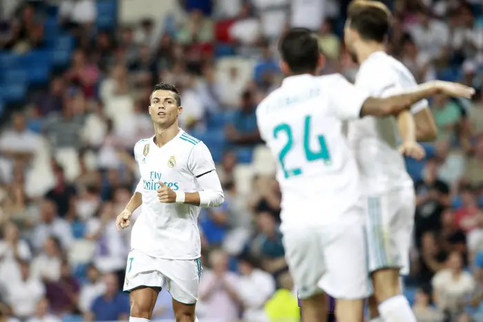 Real Madrid's Cristiano Ronaldo, Dani Ceballos and Borja Mayoral celebrate goal during Santiago Bernabeu Trophy. August 23,2017.