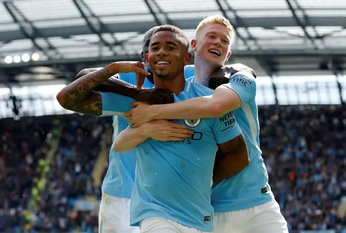 Soccer Football - Premier League - Manchester City vs Liverpool - Manchester, Britain - September 9, 2017   Manchester City's Gabriel Jesus celebrates scoring their second goal with Benjamin Mendy and Kevin De Bruyne