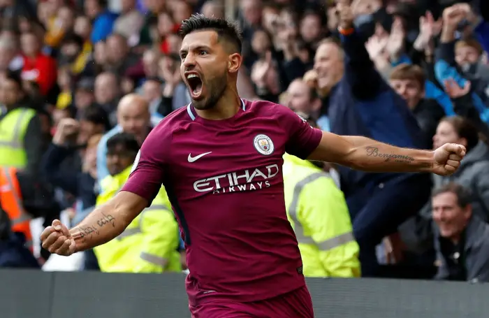 Soccer Football - Premier League - Watford vs Manchester City - Vicarage Road, Watford, Britain - September 16, 2017   Manchester City's Sergio Aguero celebrates scoring their fifth goal completing his hat-trick