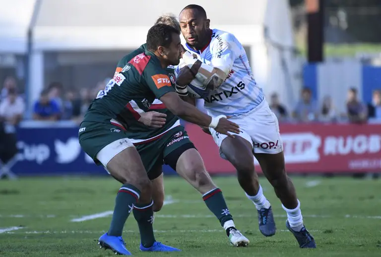 Racing 92's Fidjean wing Joe Rokocoko (R) vies with Leicester's Austraian center Matt Toomua (L) during the Champions cup rugby union match between Racing 92 and Leicester Tigers at the Yves Du Manoir stadium on October 14, 2017.   / AFP PHOTO / CHRISTOPHE SIMON