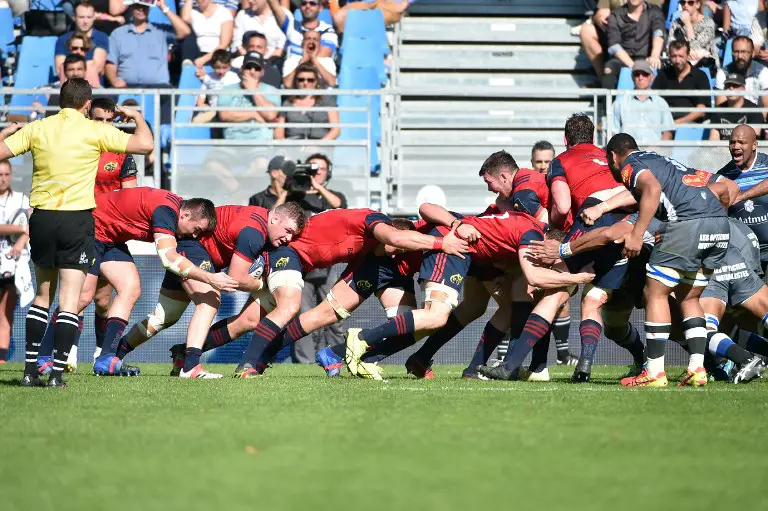 Munster's forwards are seen in a maul during the Champions Cup rugby Union match, Castres  vs Munster at the Pierre Fabre stadium in Castres, southern France, on October 15, 2017. / AFP PHOTO / REMY GABALDA