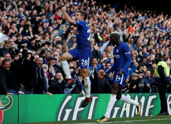 Soccer Football - Premier League - Chelsea vs Watford - Stamford Bridge, London, Britain - October 21, 2017   Chelsea's Cesar Azpilicueta celebrates scoring their third goal with Tiemoue Bakayoko