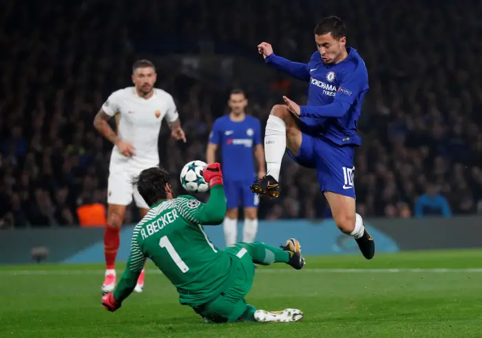 Soccer Football - Champions League - Chelsea vs AS Roma - Stamford Bridge, London, Britain - October 18, 2017   AS Roma's Alisson Becker in action with Chelsea's Eden Hazard