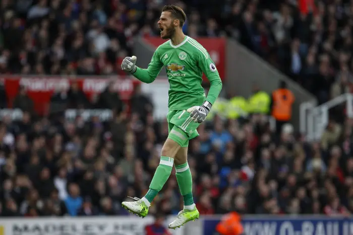 David De Gea of Manchester United celebrates after his side make the score 2-1 during the Premier League match between Stoke City and Manchester United at Bet365 Stadium on September 9th 2017 in Stoke-on-Trent, England.
