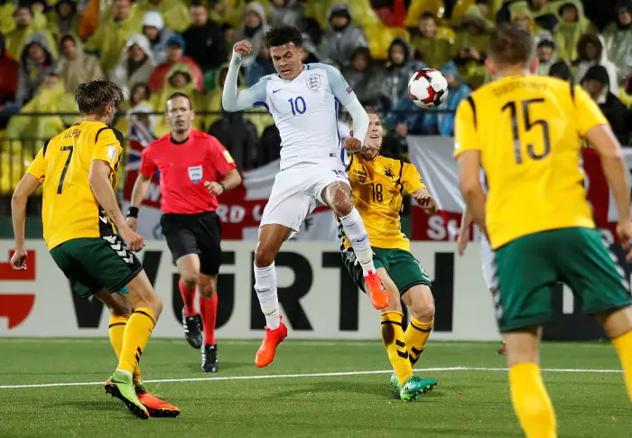 Soccer Football - 2018 World Cup Qualifications - Europe - Lithuania vs England - LFF Stadium, Vilnius, Lithuania - October 8, 2017   England¹s Dele Alli is fouled by Lithuania¹s Ovidijus Verbickas for a penalty