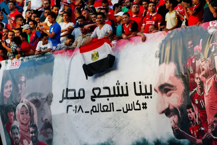 Soccer Football - 2018 World Cup Qualifications - Africa - Egypt vs Congo - Borg El Arab Stadium, Alexandria, Egypt - October 8, 2017   Egypt fans display a banner in reference to Mohamed Salah   Supporters