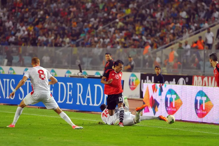 Mohamed Said(13)off Egypt , Ghilane Chaalali(18)and Fakhreddine Ben Youssef(8) during the Match between Tunisia and his Egyptian counterpart at the Rades stadium, opening the qualifiers of the 2019 African Cup of Nations.