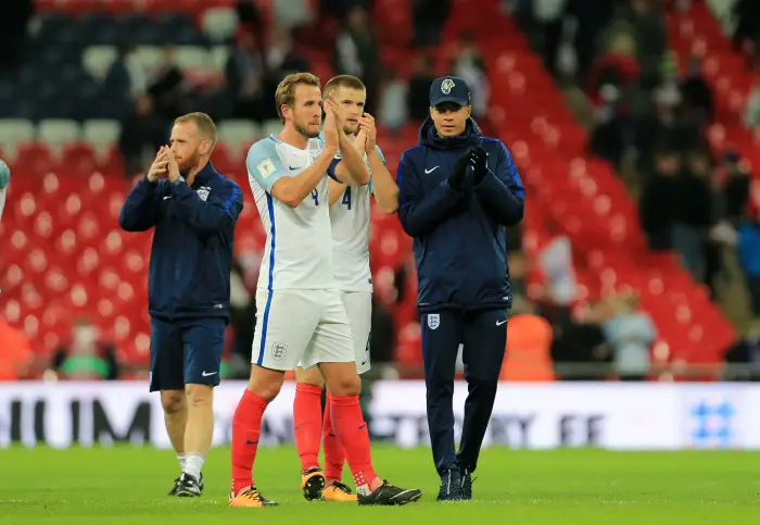 England Harry Kane  applauds the fans with England Dele Alli during the FIFA World Cup 2018 Qualifying Group F match between England and Slovenia at Wembley Stadium on October 5th 2017 in London, England.