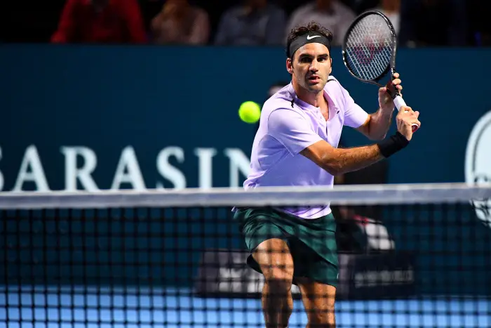 27th October 2017, St Jakobshalle, Basel, Switzerland; ATP World Tour 500, Swiss Indoors Tennis Tournament; Roger Federer (SUI) in action against Adrian Mannarino (FRA)