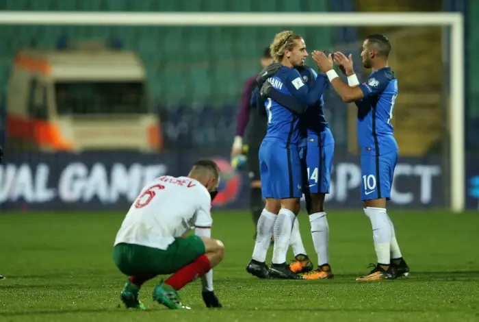 Soccer Football - 2018 World Cup Qualifications - Europe - Bulgaria vs France - Vasil Levski National Stadium, Sofia, Bulgaria - October 7, 2017   France's Antoine Griezmann celebrates with Dimitri Payet after the match