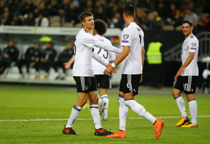 Soccer Football - 2018 World Cup Qualifications - Europe - Germany vs Azerbaijan - Fritz-Walter-Stadion, Kaiserslautern, Germany - October 8, 2017   Germany¹s Thomas Muller and Sandro Wagner