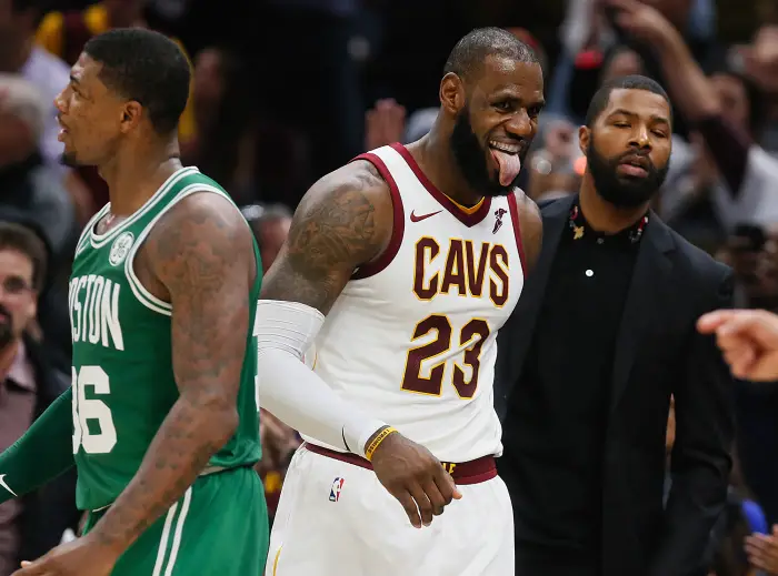 October 17, 2017 - Cleveland, OH, USA - The Cleveland Cavaliers' LeBron James (23) reacts after the Boston Celtics' Marcus Smart turns the ball over in the fourth quarter on Tuesday, Oct. 17, 2017, at Quicken Loans Arena in Cleveland. The Cavs won, 102-99.