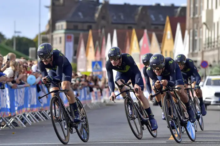BERGEN, NORWAY - SEPTEMBER 17 : Team Movistar in action during the Team Time Trial elite Men on day 1 of the 2017 World Road Championship cycling race on September 17, 2017 in Bergen, Norway, 17/09/2017