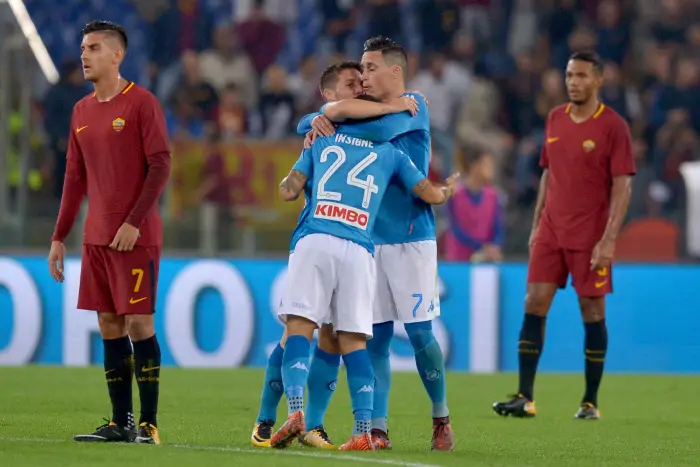 Lorenzo Insigne Napoli, con Callejon e Mertens. Goal celebration.