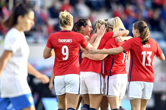 Emilie Haavi of Norway celebrates with his teammates after scoring 1-0 during the FIFA Women s World Cup Qualifier match between Norway and Slovakia on September 19, 2017
