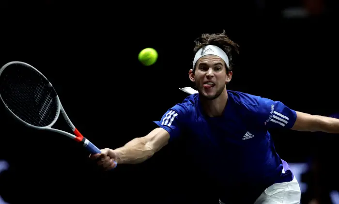 Tennis - Laver Cup - 1st Day - Prague, Czech Republic - September 22, 2017 -  Dominic Thiem of team Europe in action against John Isner of team World.