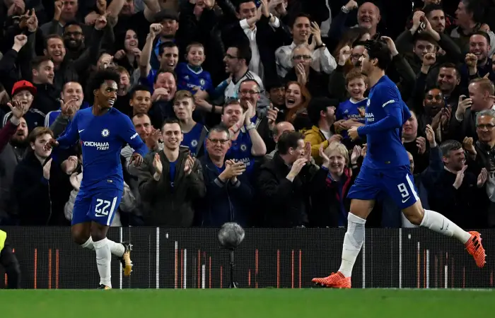 Soccer Football - Carabao Cup Fourth Round - Chelsea vs Everton - Stamford Bridge, London, Britain - October 25, 2017   Chelsea's Willian celebrates scoring their second goal with Alvaro Morata (R)