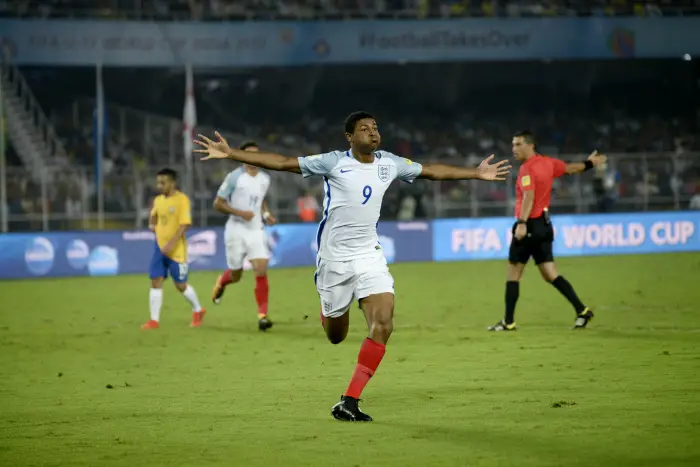 October 25, 2017 - Kolkata, West Bengal, India - England Rhain Brewster (jersey 9) celebrates his goal during the FIFA U 17 World Cup India 2017 Semi Final match in Kolkata. Players of England and Brazil in action during the FIFA U 17 World Cup India 2017 Semi Final match on October 25, 2017 in Kolkata.