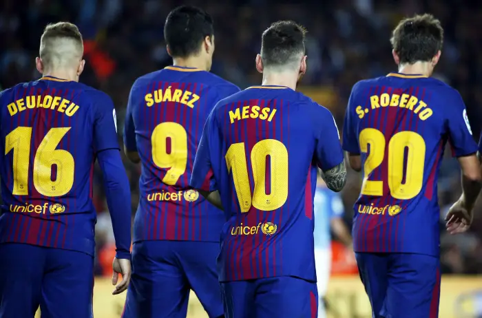 Gerard Deulofeu, Luis Suarez, Leo Messi and Sergi Roberto during the match between FC Barcelona v Malaga CF, ccorresponding to the La Liga match, on October 21, 2017