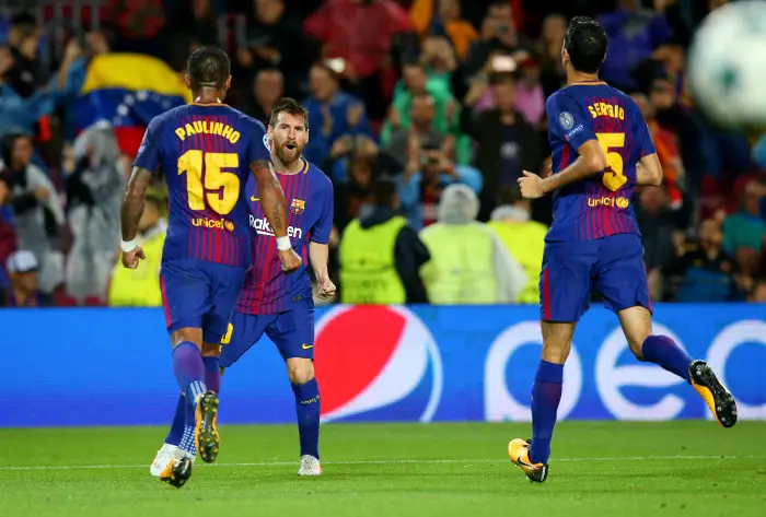 Soccer Football - Champions League - FC Barcelona vs Olympiacos - Camp Nou, Barcelona, Spain - October 18, 2017   Barcelona¹s Lionel Messi celebrates scoring their second goal with Paulinho
