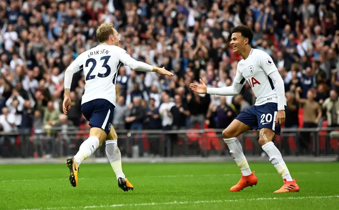 Soccer Football - Premier League - Tottenham Hotspur vs AFC Bournemouth - Wembley Stadium, London, Britain - October 14, 2017   Tottenham's Christian Eriksen celebrates scoring their first goal with Dele Alli