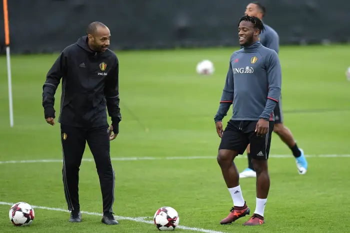 Michy Batshuayi forward of Belgium talking to Thierry Henry ass. coach of Belgian Team