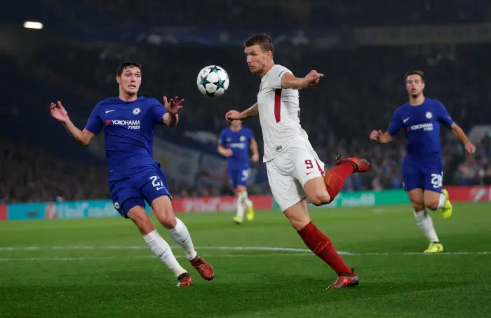 Soccer Football - Champions League - Chelsea vs AS Roma - Stamford Bridge, London, Britain - October 18, 2017   AS Roma's Edin Dzeko scores their second goal