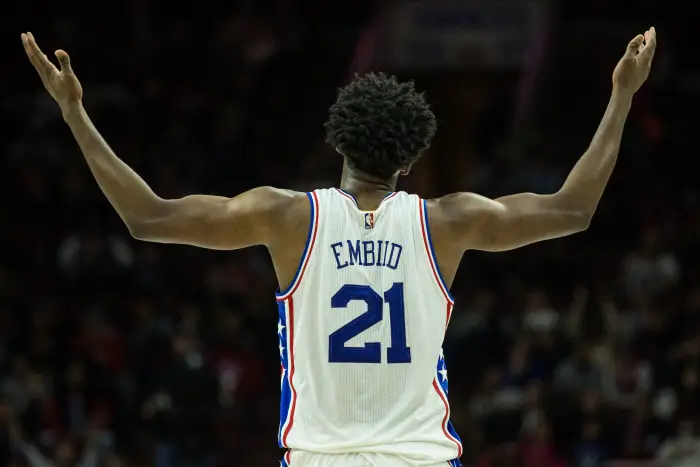 Jan 18, 2017; Philadelphia, PA, USA; Philadelphia 76ers center Joel Embiid (21) reacts as fans chant his name after a score against the Toronto Raptors during the second quarter at Wells Fargo Center.