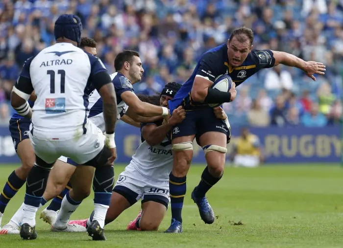 14th October 2017, RDS Arena, Dublin, Ireland; European Rugby Champions Cup, Leinster versus Montpellier Herault; Rhys Ruddock of Leinster is tackled by Joseph Tomane of Montpellier