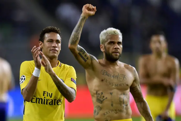 ANDERLECHT, BELGIUM - OCTOBER 18 : Neymar forward of PSG and Dani Alves defender of PSG