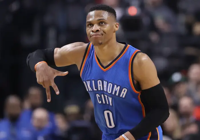 Oklahoma City Thunder point guard Russell Westbrook (0)